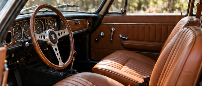 Intérieur d’une voiture ancienne, volant bois et sièges cuir